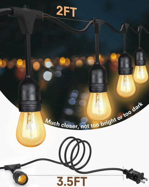 52 Ft Outdoor String Lights With 30 Incandescent Bulbs UL Listed, hanging against a dark backdrop, 2ft bulb spacing visible