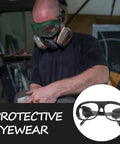 Heavy Duty Welding Glasses With Flip Up Lenses For Argon Arc And Brazing Work Plastic Frame, worn by worker in shop.