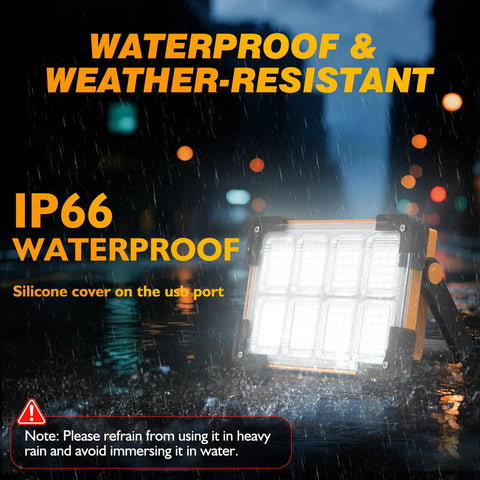 2 Pack Solar Rechargeable Work Light With 144 LED Beads And 10000LM Ultra Bright Output, IP66 Waterproof, in Rainy Night