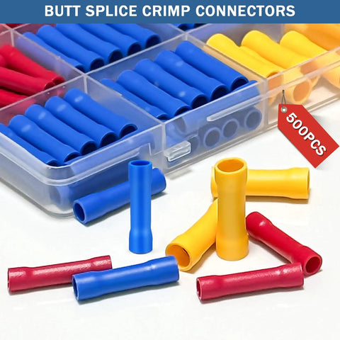500 Pcs Assorted Wire Butt Splice Crimp Connectors Kit For Hot Rods And DIY Wiring Jobs Featuring Top Tier Durable Insulated Terminals That Hold Tough Against Any Electrical Repair Gig You Got In The Shop Today., assorted insulated butt splice crimp connectors in red blue and yellow with storage case