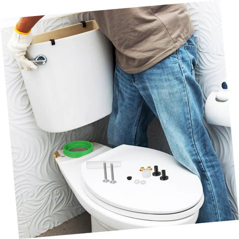 Super Quick Fix For Leaky Toilets: Heavy Duty Tank Gasket And Bolt Kit With Flexible Seal, Easy Install Repair Parts For Standard Bowl Coupling That Truly Seals The Deal Like A Boss. toilet tank gasket, bolts, and flexible seal on white toilet