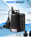 Professional Heavy Duty Submersible Sump Pump With Automatic Float Switch Delivers Kickass 1600 GPH Water Removal And Quiet Basement Drainage For Wet Basements, featuring power cord, float switch, and outlet fittings.