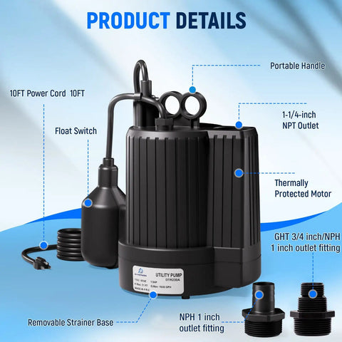 Professional Heavy Duty Submersible Sump Pump With Automatic Float Switch Delivers Kickass 1600 GPH Water Removal And Quiet Basement Drainage For Wet Basements, featuring power cord, float switch, and outlet fittings.