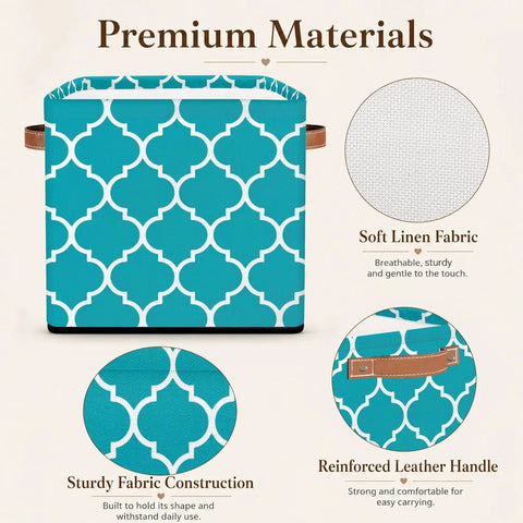 Moroccan Tile Foldable Storage Cube With Slick Reinforced Handles For Clothes And Linens Heavy Duty Waterproof Closet Organizer 13 Inch with linen and leather features.
