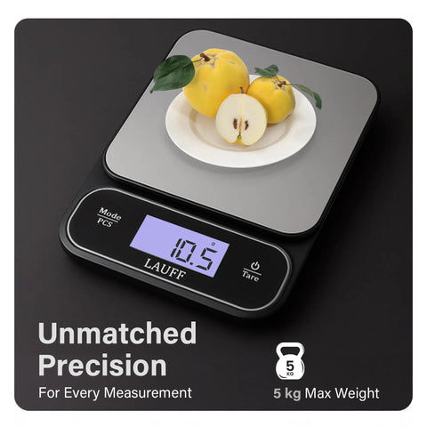 Digital Kitchen Scale For The Home Chef, Your Go-To Precision Tool For Baking And Meal Prep, Waterproof And Easy To Clean displaying 10.5 grams with fruit on top