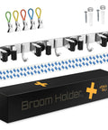 Two Pack Wall Mounted Broom and Mop Hanger Set With Stainless Steel Construction and Adhesive Mounting displayed with accessories