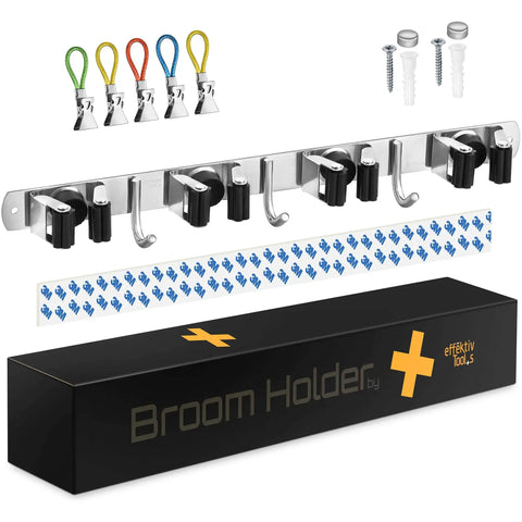 Two Pack Wall Mounted Broom and Mop Hanger Set With Stainless Steel Construction and Adhesive Mounting displayed with accessories