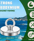 Image of 500 Lb Neodymium Fishing Magnet With Eyebolt, against a coastal backdrop, highlighting durable metal construction and design features.