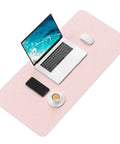 Pink Desk Pad 30x14 Inch PU Leather Desk Mat Waterproof Non Slip Ultra Thin XL Extended Mouse Pad with laptop and mouse on top