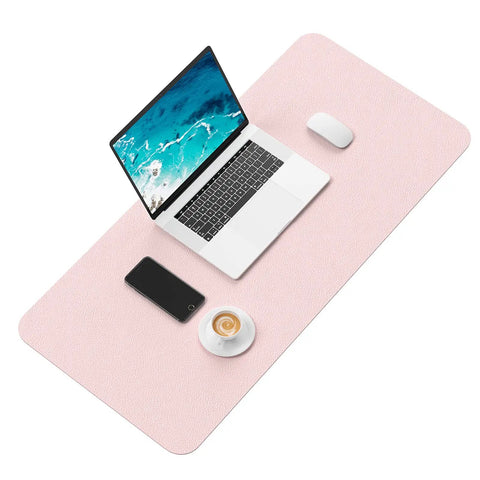 Pink Desk Pad 30x14 Inch PU Leather Desk Mat Waterproof Non Slip Ultra Thin XL Extended Mouse Pad with laptop and mouse on top