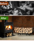 Before and after comparison: logs on floor vs. Curved Firewood Rack, 48-Inch Heavy Duty Log Holder For Indoor And Outdoor Use neatly stacked