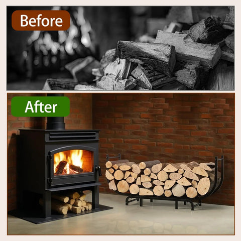 Before and after comparison: logs on floor vs. Curved Firewood Rack, 48-Inch Heavy Duty Log Holder For Indoor And Outdoor Use neatly stacked