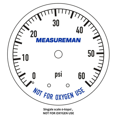Front view of MEASUREMAN 2-inch dry/utility pressure gauge, 0–60 psi, white dial, 1/4 in NPT lower mount