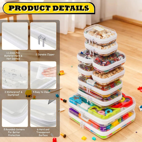 Stack of 10 Pack Clear Hard Shell Zipper Cases For Organization And Storage, Waterproof Toiletry And Cosmetic Bags, Toy And Diaper Bag Organizer, Pencil Case, Office And Home Pouches, Includes Four Sizes And Two Sheets Of 16 Grid Blank Stickers