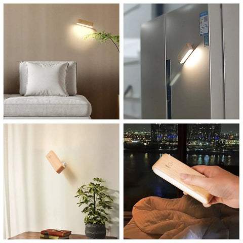 Wooden Magnetic 360 Degree Rotatable Night Light With LED Battery Operated Beech Wood Wall Sconce in various settings