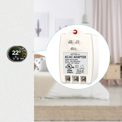 24VAC 40VA Plug In Doorbell And Thermostat Transformer Wall Mount Power Supply in use with home thermostat display