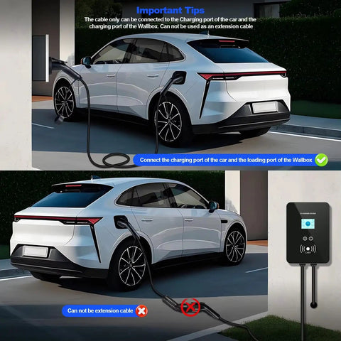 Hella Durable Type 2 Male To GBT EV Charging Cable Straight Shot Wallbox Connector 32 Amps 7kW Single Phase Level 2 Evcord connected to EV.