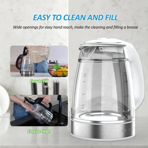Dual Wall Cool Touch Electric Kettle With Borosilicate Glass Inner, 1.7L, 1500W Fast Boil, Cordless Hot Water Boiler on kitchen counter