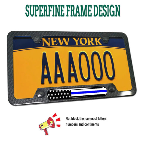 Thin Blue Line License Plate Frame With Carbon Fiber Look displaying New York plate AAA000