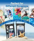 Collage of beach and water activities with Large IPX8 Waterproof Phone Pouch 2 Pack Up To 10 Inch Case displayed with phone and passport.