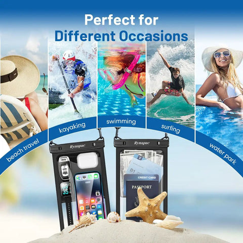 Collage of beach and water activities with Large IPX8 Waterproof Phone Pouch 2 Pack Up To 10 Inch Case displayed with phone and passport.