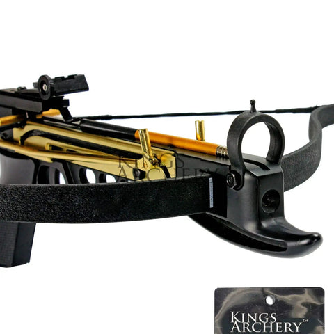 Close-up of 80 Pound Self Cocking Crossbow Bundle With Adjustable Sights, fiber glass bow detail, perfect for target practice and hunting
