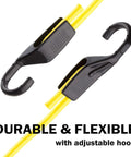 Close-up of yellow cord with wide hook from 18 Piece Adjustable Bungee Cord Set With Wide Hook Openings For Vehicle Tie Downs