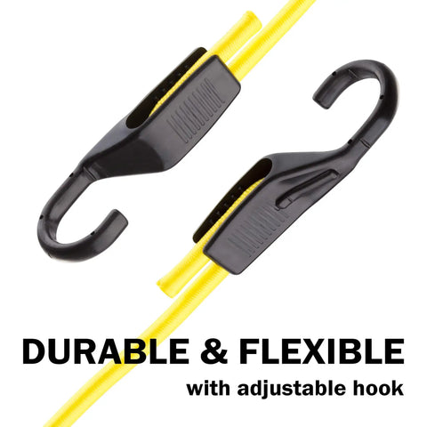 Close-up of yellow cord with wide hook from 18 Piece Adjustable Bungee Cord Set With Wide Hook Openings For Vehicle Tie Downs