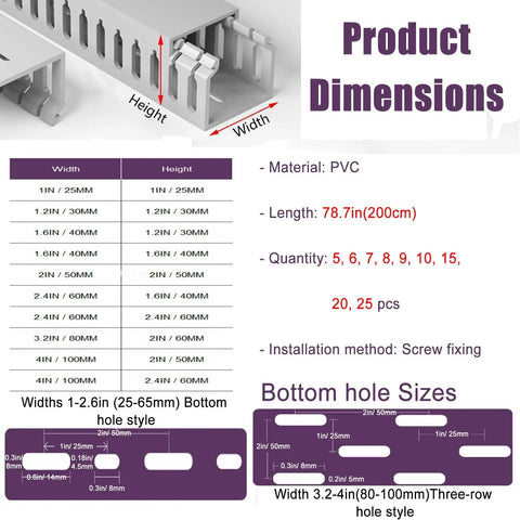 Grey PVC Wire Concealer Raceway Kit dimensions chart showing width and height options, with focus on durable trunking and snap cover.