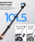 Invisible Quick Release Selfie Stick Motorcycle Mount Kit With 40 Inch Adjustable Extension Pole and Dual Head Clamp shown with pole extended to 101.5 cm.