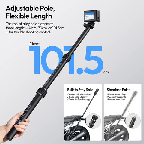 Invisible Quick Release Selfie Stick Motorcycle Mount Kit With 40 Inch Adjustable Extension Pole and Dual Head Clamp shown with pole extended to 101.5 cm.