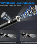 Exploded view of Endoscope With Light 1920P HD Borescope With 7.9mm Ultra Thin Probe And 8 LED Lights, dual lens system.