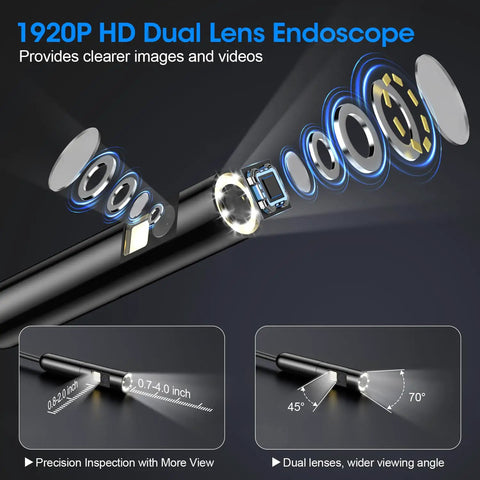 Exploded view of Endoscope With Light 1920P HD Borescope With 7.9mm Ultra Thin Probe And 8 LED Lights, dual lens system.