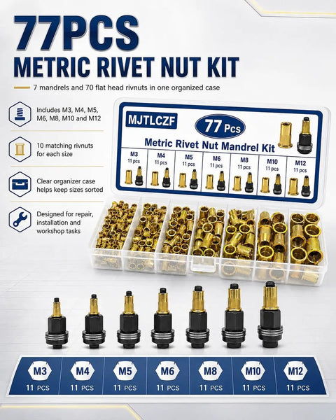 Cool 77Pcs Carbon Steel Rivet Nut Tool Set With Mandrels M3 M4 M5 M6 M8 M10 M12 Zinc Plated Nuts For Heavy Duty Auto Repair And Fabrication Projects, organized case