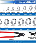 Size and quantity chart of All In One Hose Clamp Kit With 350Pcs 5.3 To 51Mm Single Ear And Worm Gear Clamps, showing various clamps and pliers.