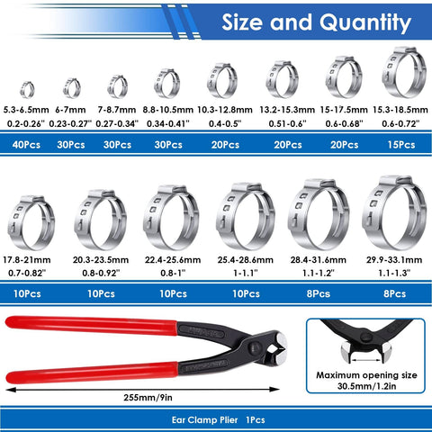 Size and quantity chart of All In One Hose Clamp Kit With 350Pcs 5.3 To 51Mm Single Ear And Worm Gear Clamps, showing various clamps and pliers.