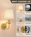 Wireless Wall Sconces Set Of Two With 5300mAh Battery And Remote Control Fifteen Dimmable Colors Fabric Shade Brushed Gold mounted on a wall.