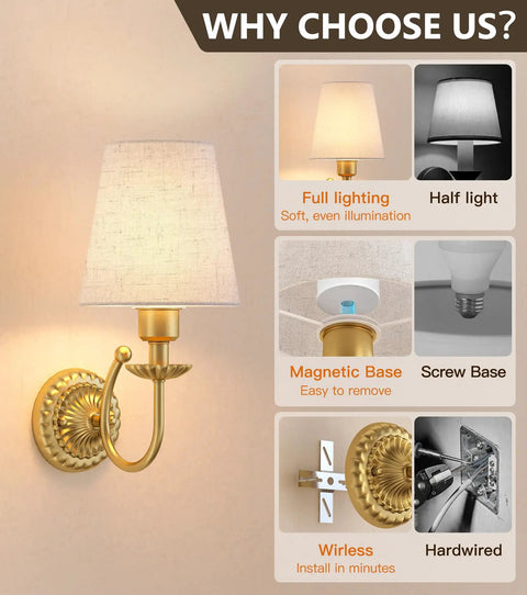 Wireless Wall Sconces Set Of Two With 5300mAh Battery And Remote Control Fifteen Dimmable Colors Fabric Shade Brushed Gold mounted on a wall.