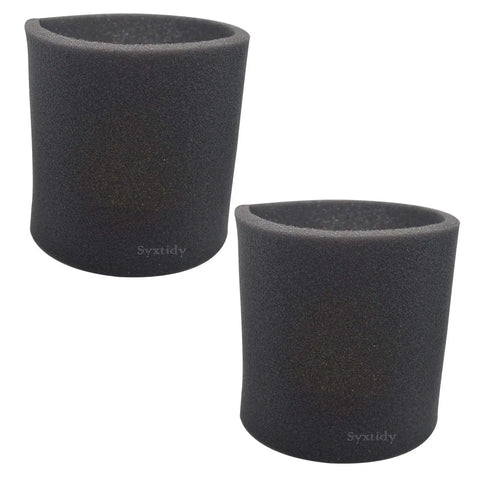 Two replacement foam sleeve filters for wet dry vacuum cleaners, compatible with various models. 3 Pack Replacement Foam Filters For Wet Dry Vacuum Cleaners Fits Most Vacuums Including Shop Vac Vacmaster And Genie VF2001 90585 Foam Sleeve Filters Built Tough Premium Quality Easy Install.