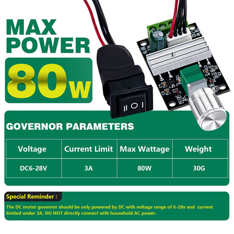 Boss PWM Motor Speed Controller for DC Motors With Forward and Reverse Reversible Knob Switch 6V to 28V Adjustable 3A 80W