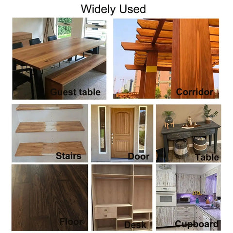 Easily Nail That Authentic Wood Look With This Hella Durable 4 Piece Fake Wood Grain Roller Set used on a guest table and door.