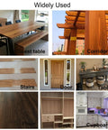Wide range of uses for Sleek Faux Wood Graining Roller Kit including guest table, stairs, door, desk, and cupboard surfaces.
