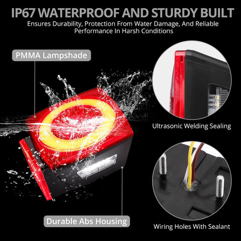 Submersible LED Trailer Light Kit With 26 Foot Wiring Harness And 2 Side Marker Lights Reflective Stickers Stop Turn Tail License Lights for Boat Trailer 12V DOT Certified showcasing waterproof durability with PMMA lampshade and durable ABS housing.