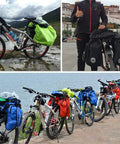Rear Bike Rack With Quick Release Cargo Carrier for Mountain and City Bikes loaded with camping gear by a lake