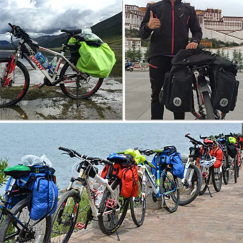 Rear Bike Rack With Quick Release Cargo Carrier for Mountain and City Bikes loaded with camping gear by a lake