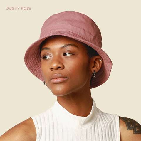 All Day Cotton Bucket Hat With Adjustable Comfort Strap For Beach, Golf, Fishing And Outdoor Fun in dusty rose on model