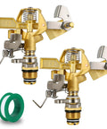 2-Piece Half-Inch All-Metal Brass Impact Sprinkler Heads With Heavy-Duty Build 360 Degree Adjustable Coverage Long-Range Lawn And Garden Irrigation Sprinkler For Wide-Area Watering, showing close-up of sprinkler mechanism and included tape.