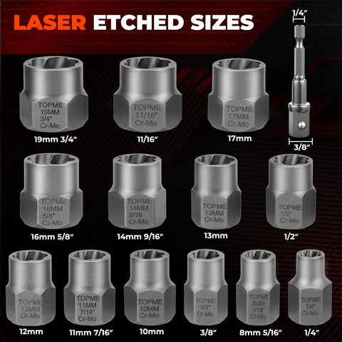 Bolt Extractor Kit 14 Piece Impact Grade CRMO Steel Nut Remover Set With Three Eighths Inch Drive Socket for frozen rusted bolts.