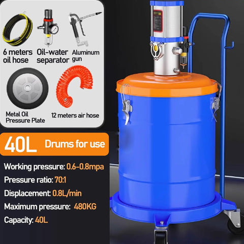 Shop Ready Pneumatic Grease Pump With Barrel Tank, 19 Inch Durable Hose And Pistol Grip Gun, 0.8L Per Minute Flow, 70 To 1 Pressure Ratio For Grease Monkey Daily Tasks And Heavy Trucks