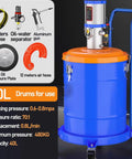 Pneumatic Grease Pump With 19 Inch Tubing And Grease Gun, Delivers 0.8 L Per Min For Auto Repair Machining And Equipment Maintenance, High Pressure 70 To 1 Output, Durable Barrel Pump For Mechanical Work with oil hose and separator.